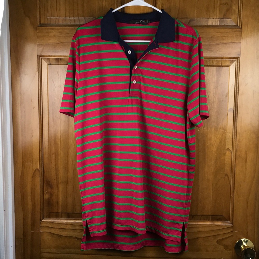 RLX Ralph Lauren Mens M Polo Shirt Pink/Red Green Striped Performance Golfcore